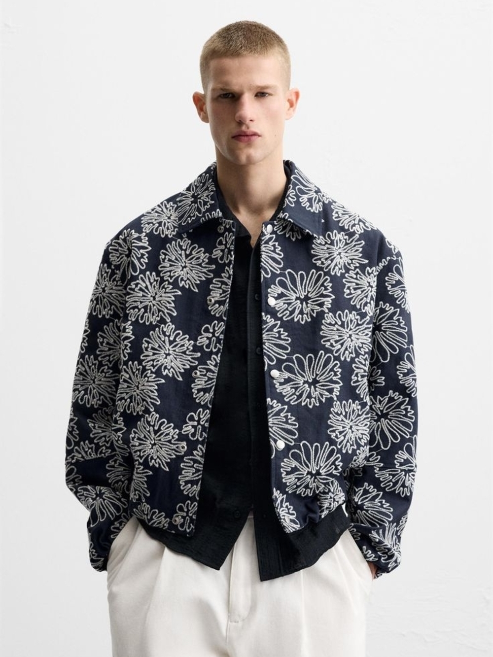 Zara Navy Floral Print Bomber Jacket